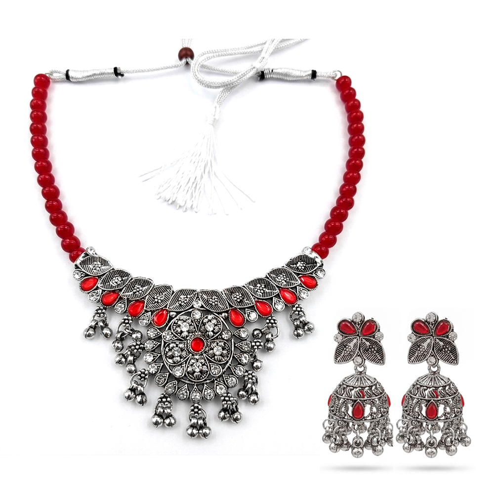 Urthn Oxidised Silver Choker Necklace Set with Red Beads & Jhumka Earrings(Pack of 3)