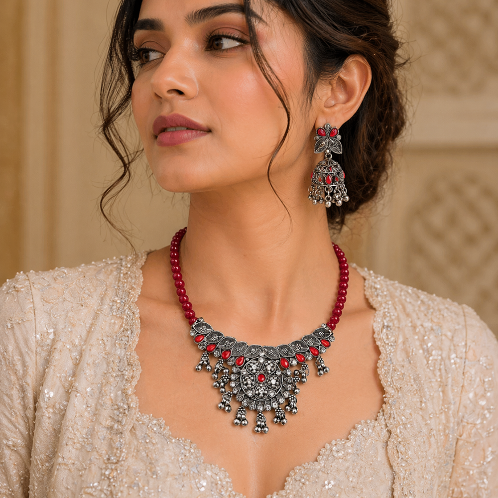 Urthn Oxidised Silver Choker Necklace Set with Red Beads & Jhumka Earrings(Pack of 3)