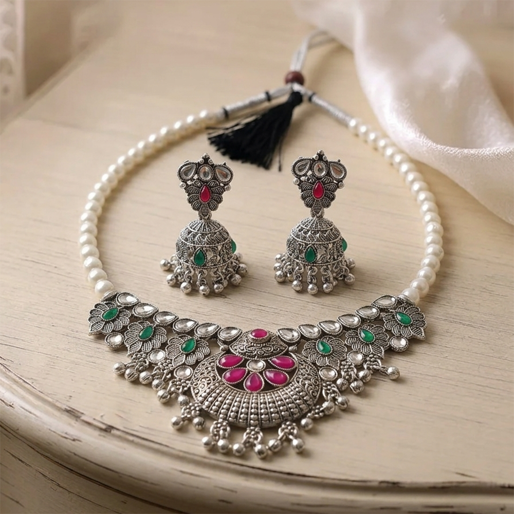 Urthn Oxidised Silver Choker Necklace Set with Pink & Green Beads & Jhumka Earrings(Pack of 3)