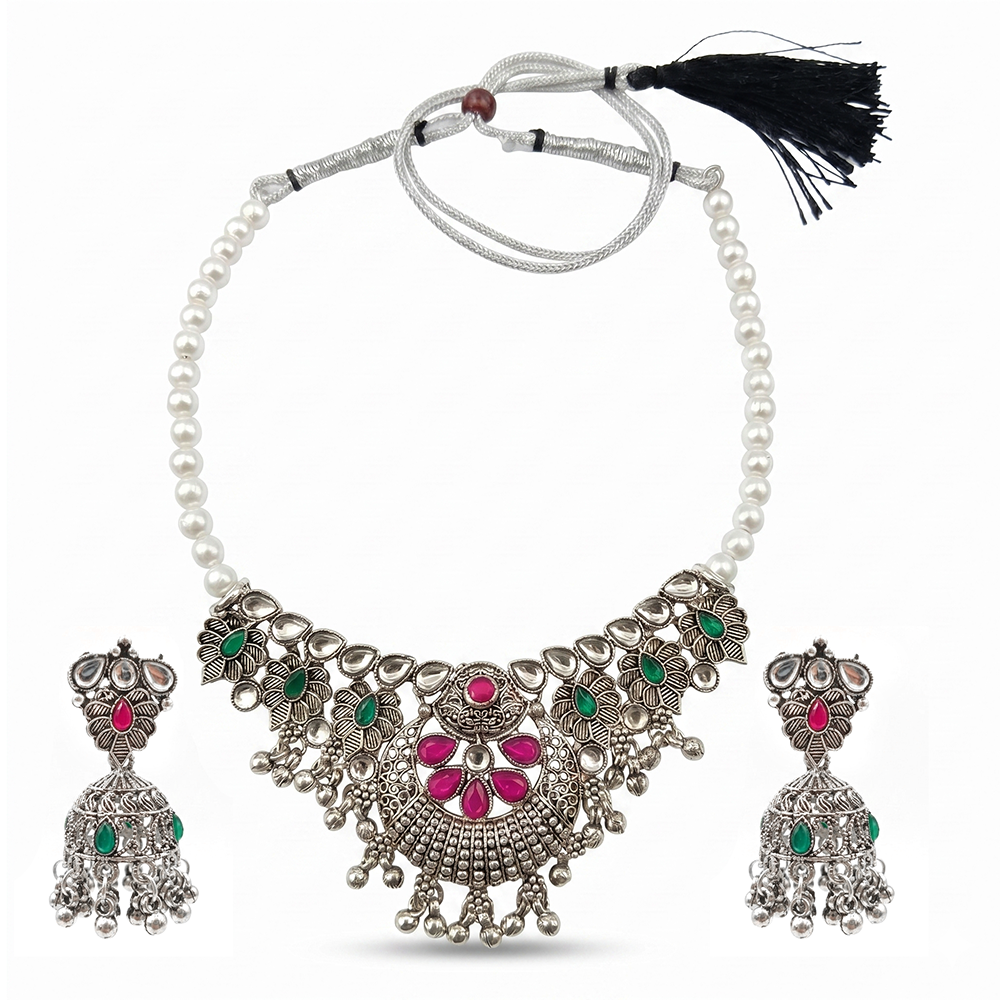 Urthn Oxidised Silver Choker Necklace Set with Pink & Green Beads & Jhumka Earrings(Pack of 3)