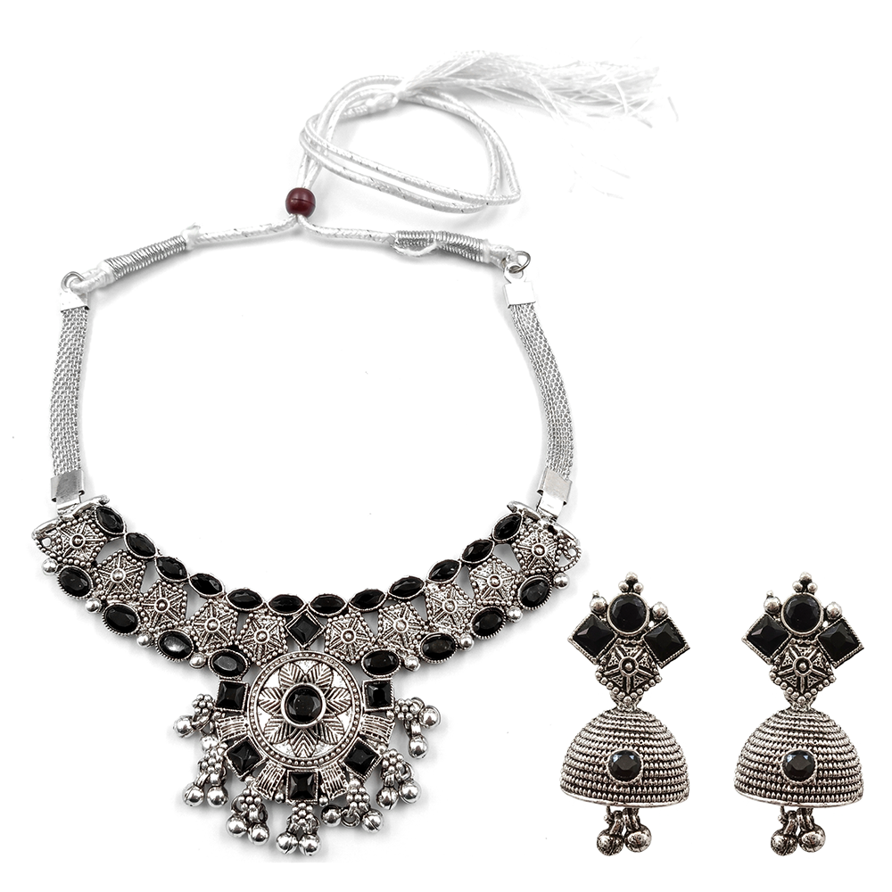 Urthn Oxidised Silver Choker Necklace Set with Black Beads & Jhumka Earrings(Pack of 3)