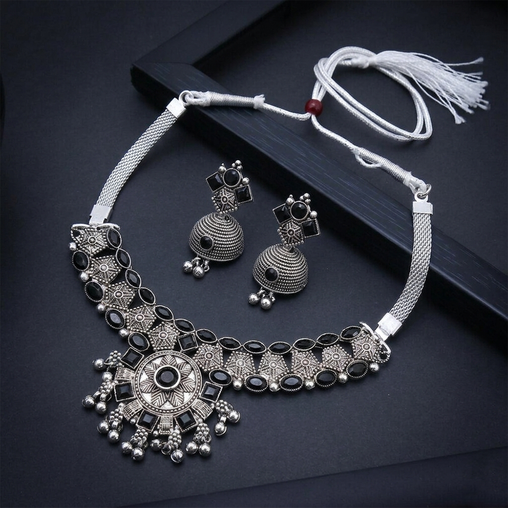 Urthn Oxidised Silver Choker Necklace Set with Black Beads & Jhumka Earrings(Pack of 3)