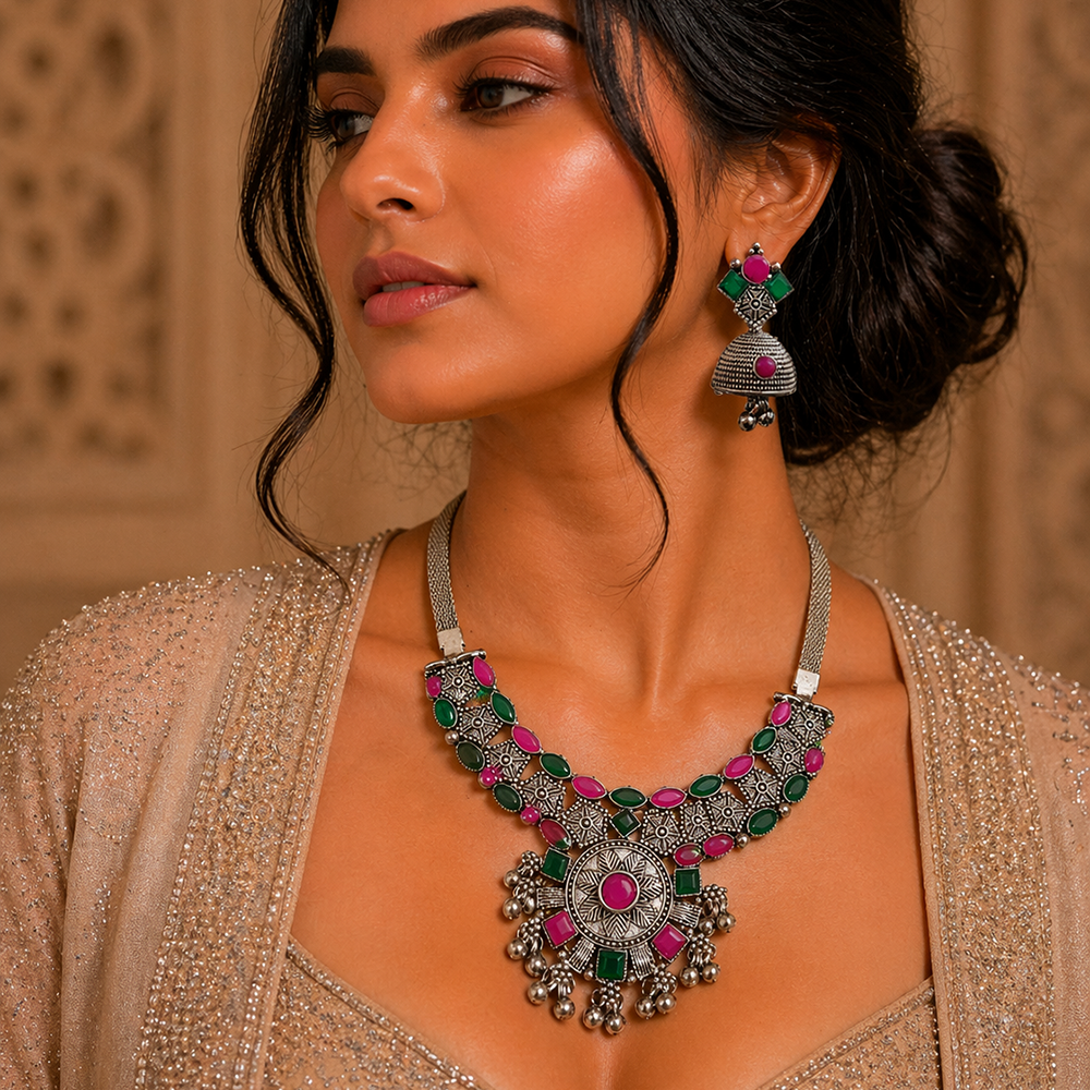 Urthn Oxidised Silver Choker Necklace Set with Pink & Green Beads & Jhumka Earrings(Pack of 3)