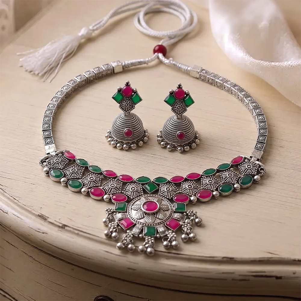 Urthn Oxidised Silver Choker Necklace Set with Pink & Green Beads & Jhumka Earrings(Pack of 3)