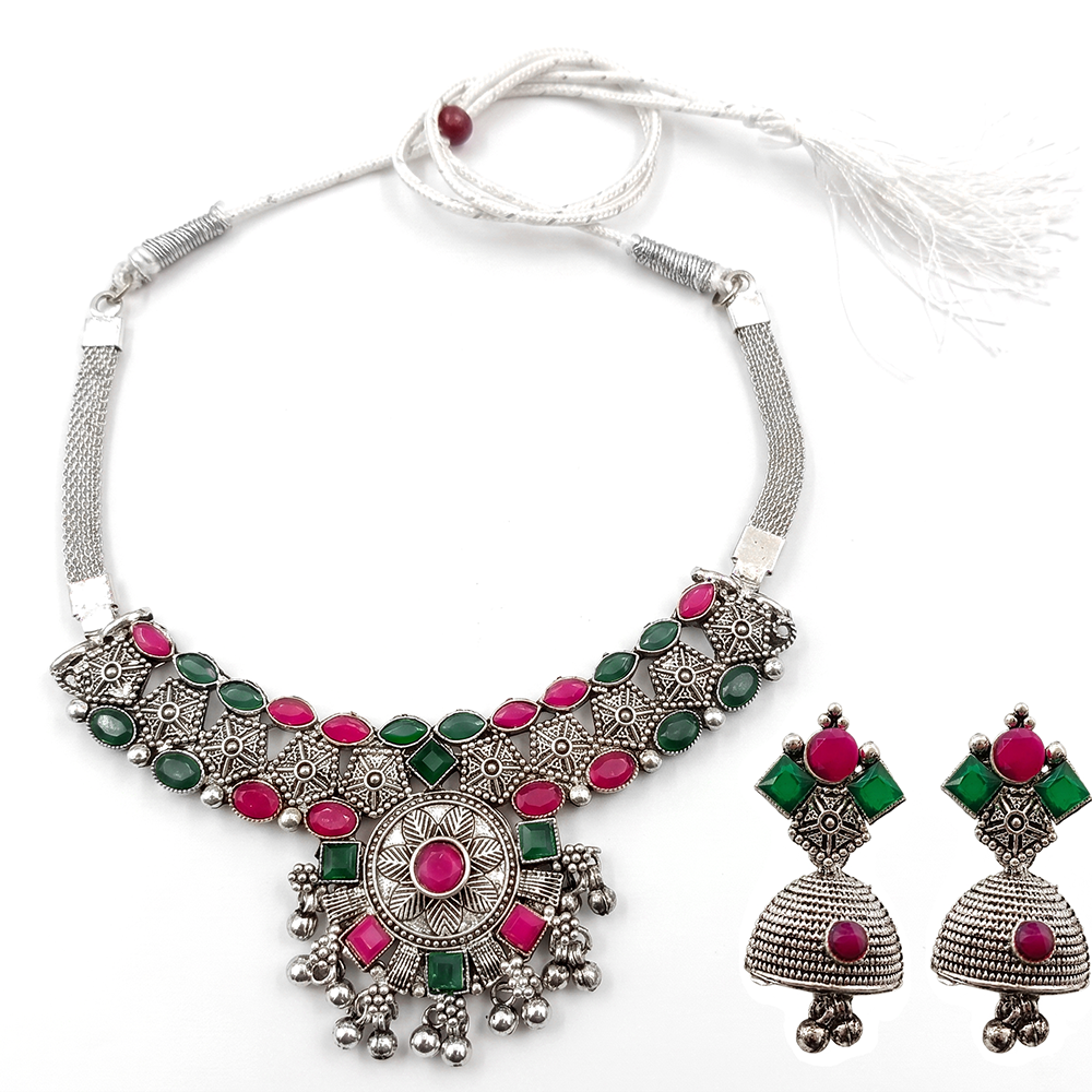 Urthn Oxidised Silver Choker Necklace Set with Pink & Green Beads & Jhumka Earrings(Pack of 3)