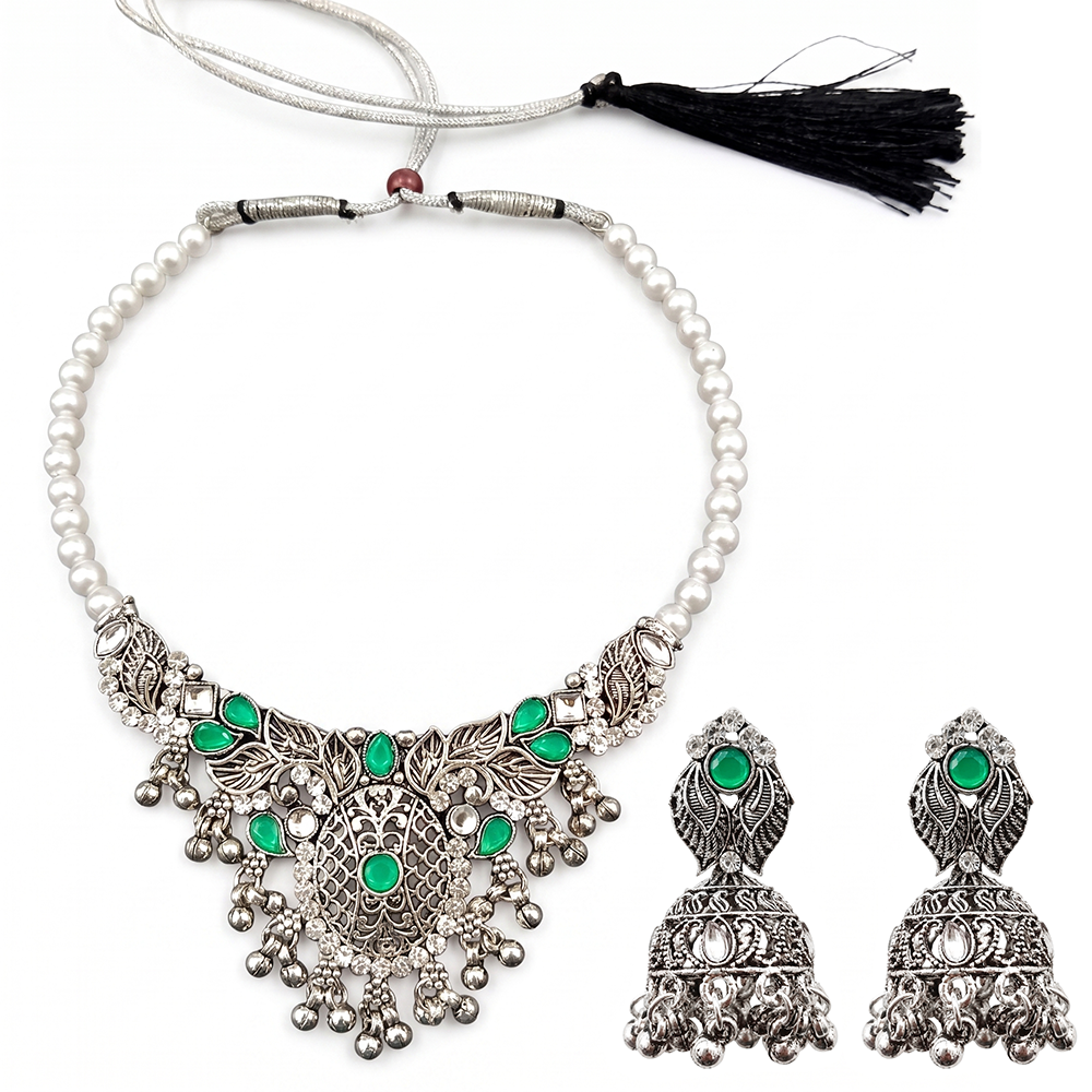 Urthn Oxidised Silver Choker Necklace Set with Green Beads & Jhumka Earrings(Pack of 3)