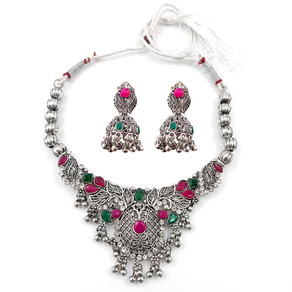 Urthn Oxidised Silver Choker Necklace Set with Pink & Green Beads & Jhumka Earrings(Pack of 3)