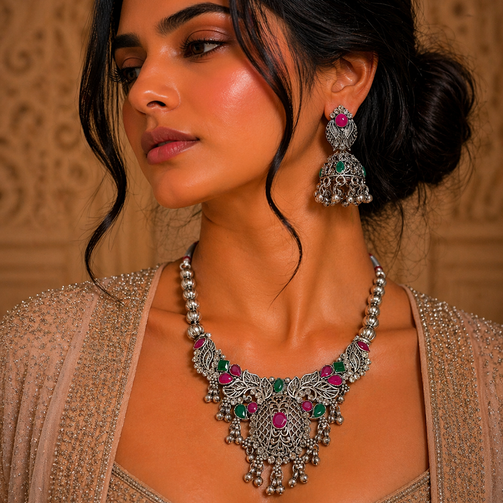 Urthn Oxidised Silver Choker Necklace Set with Pink & Green Beads & Jhumka Earrings(Pack of 3)