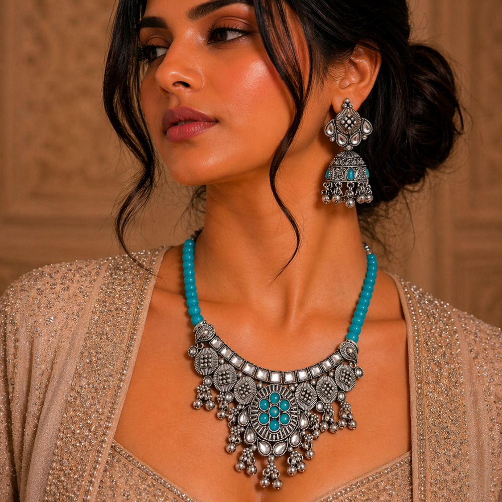 Urthn Oxidised Silver Choker Necklace Set with Light Blue Beads & Jhumka Earrings(Pack of 3)