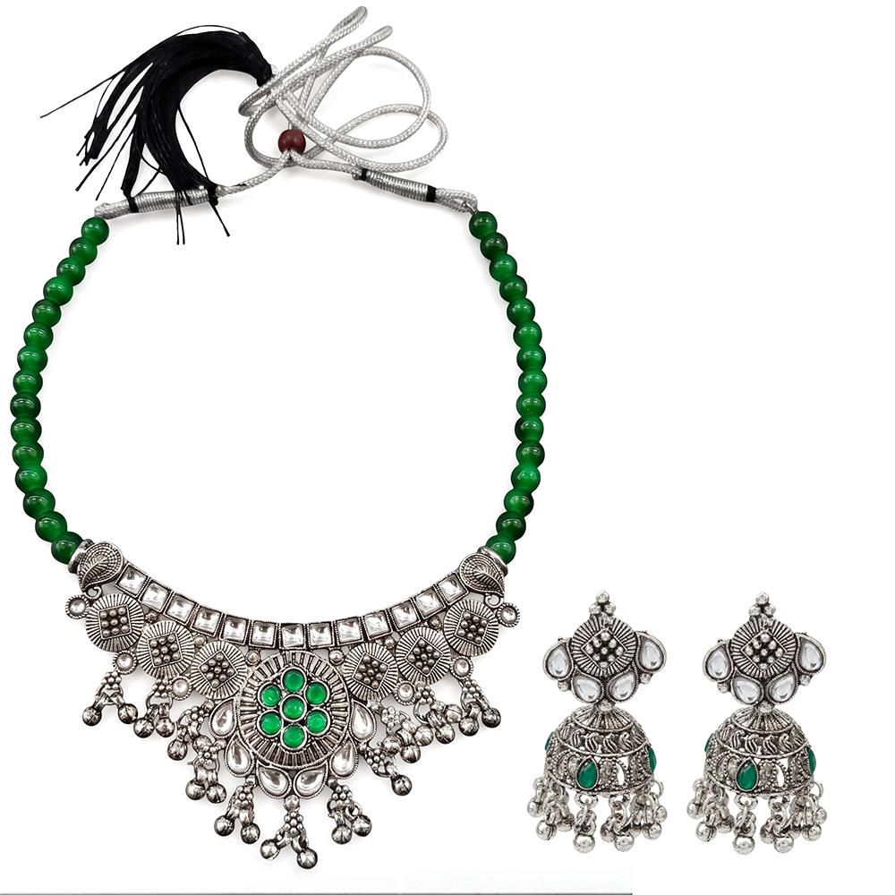 Urthn Oxidised Silver Choker Necklace Set with Green Beads & Jhumka Earrings(Pack of 3)