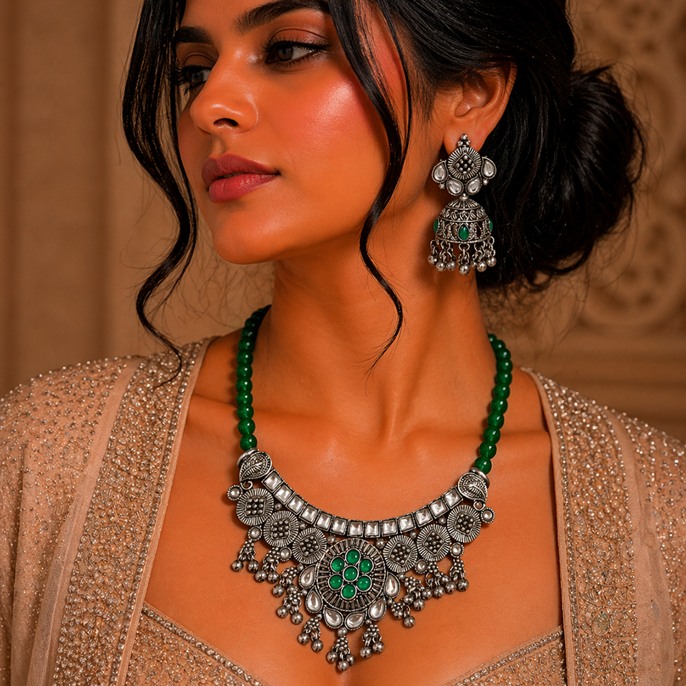 Urthn Oxidised Silver Choker Necklace Set with Green Beads & Jhumka Earrings(Pack of 3)