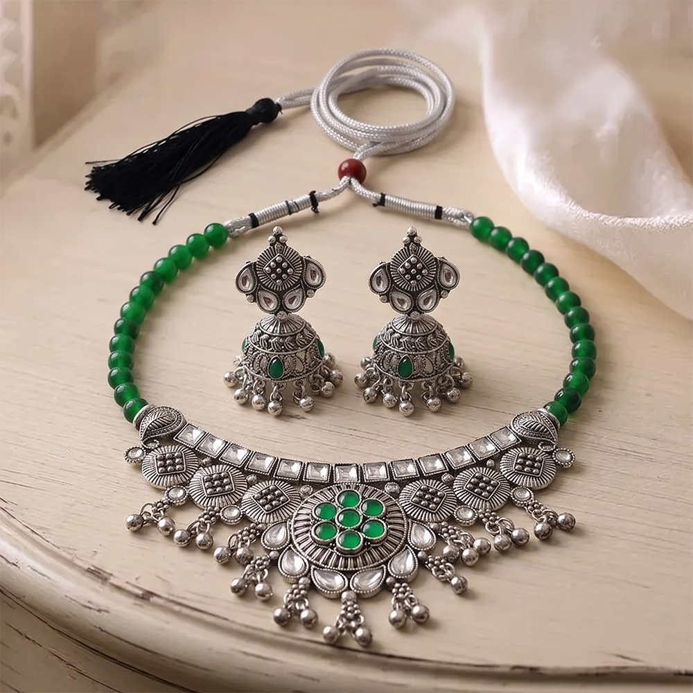 Urthn Oxidised Silver Choker Necklace Set with Green Beads & Jhumka Earrings(Pack of 3)