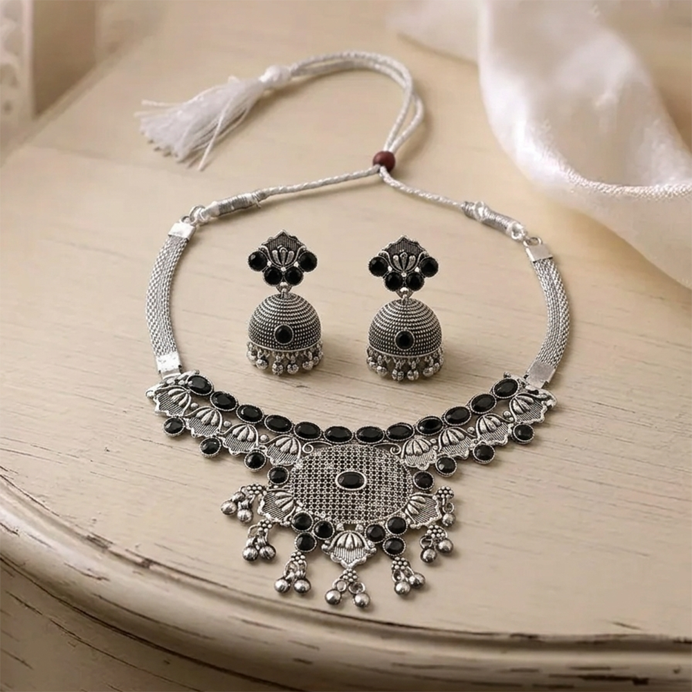 Urthn Oxidised Silver Choker Necklace Set with Black Beads & Jhumka Earrings(Pack of 3)