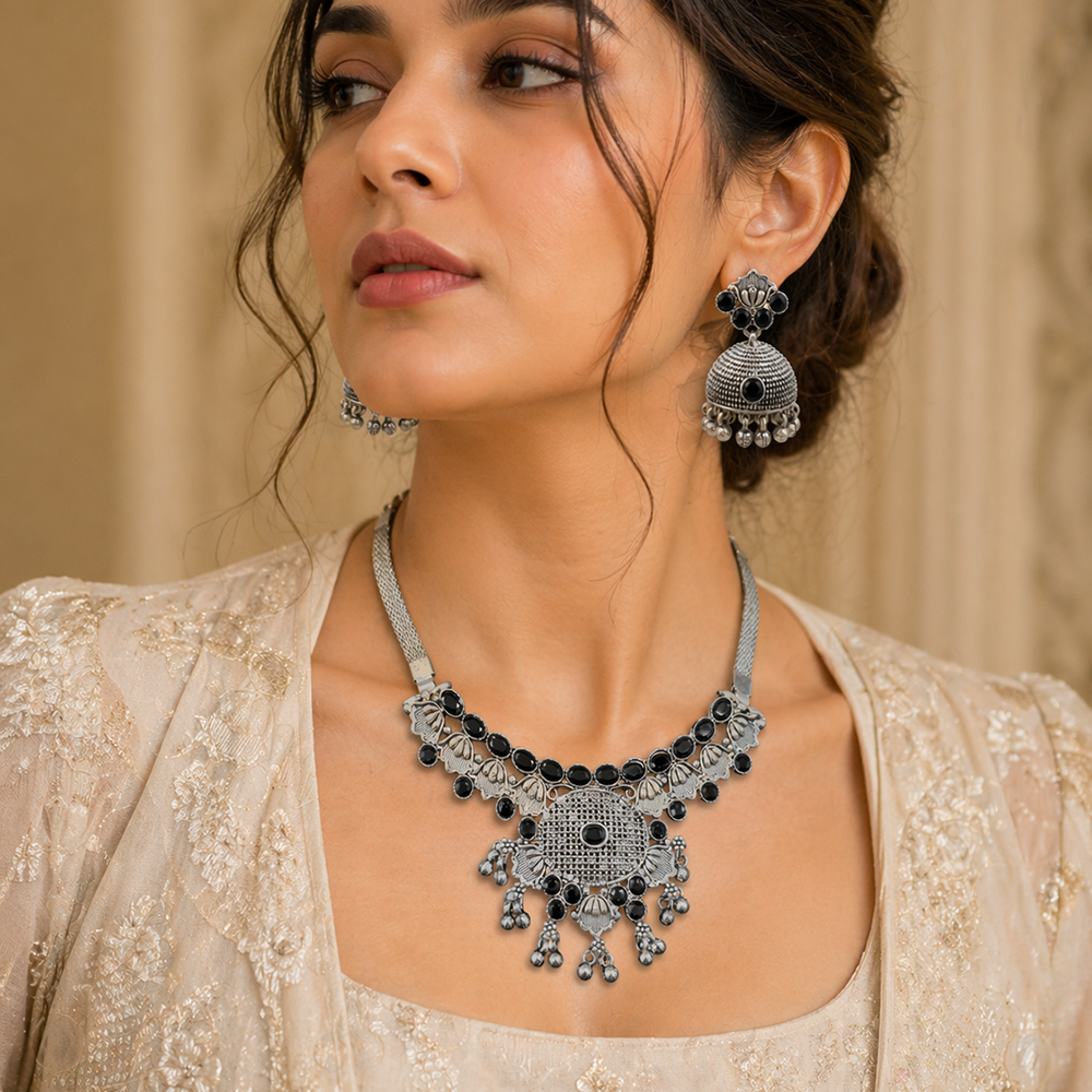 Urthn Oxidised Silver Choker Necklace Set with Black Beads & Jhumka Earrings(Pack of 3)