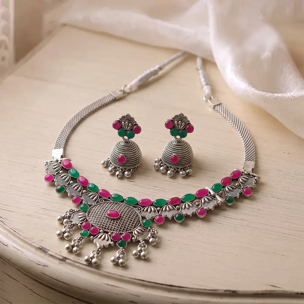 Urthn Oxidised Silver Choker Necklace Set with Pink & Green Beads & Jhumka Earrings(Pack of 3)
