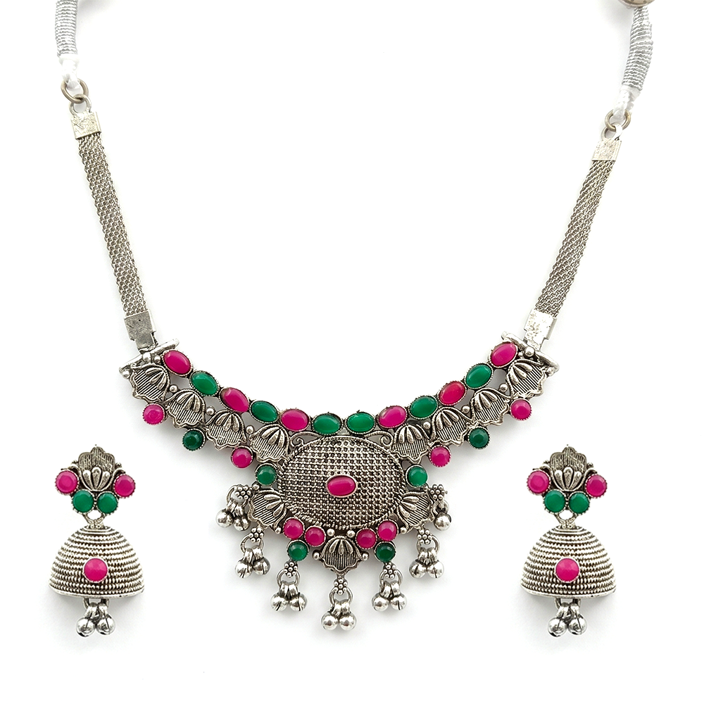 Urthn Oxidised Silver Choker Necklace Set with Pink & Green Beads & Jhumka Earrings(Pack of 3)