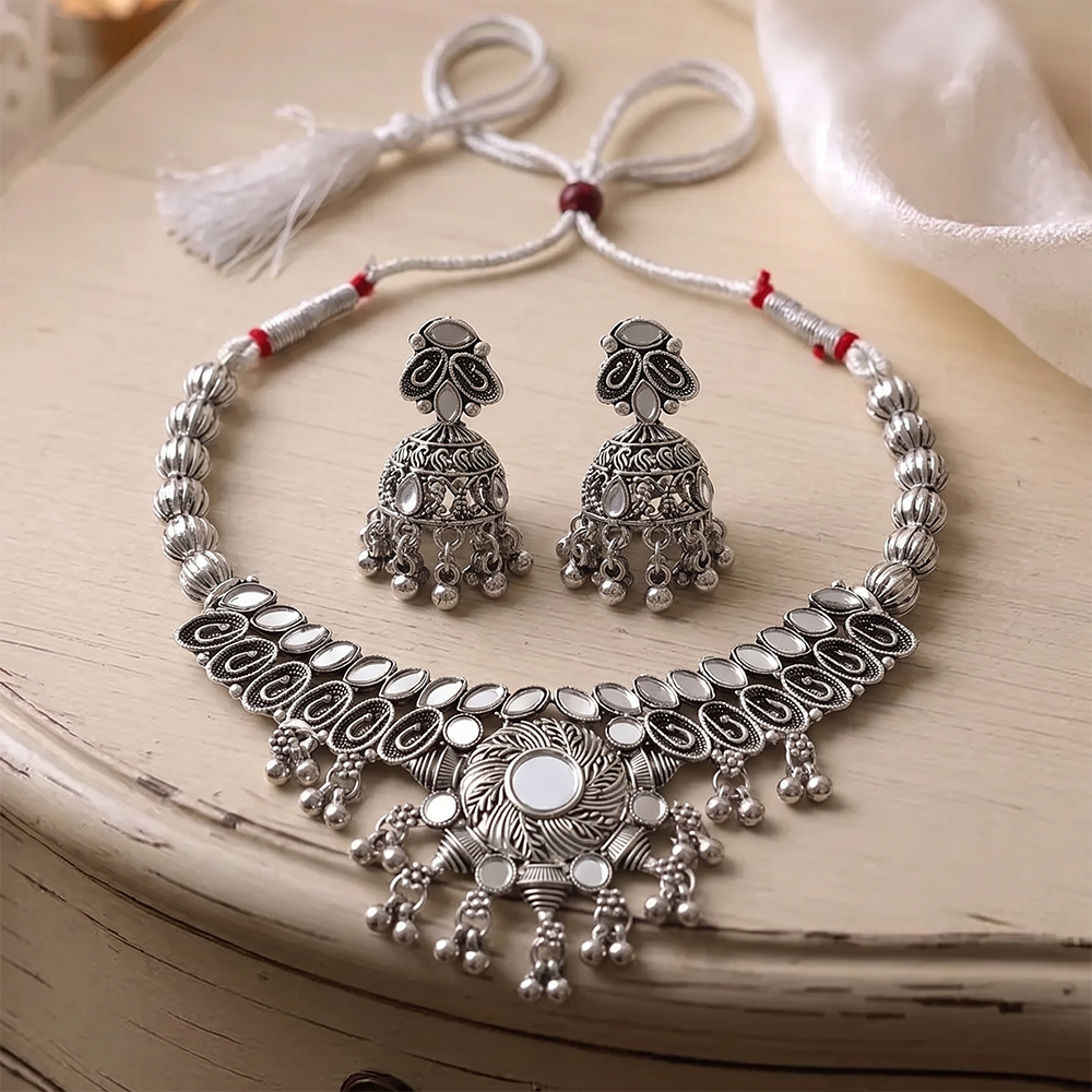 Urthn Oxidised Silver Choker Necklace Set with Mirror Work Beads & Jhumka Earrings(Pack of 3)