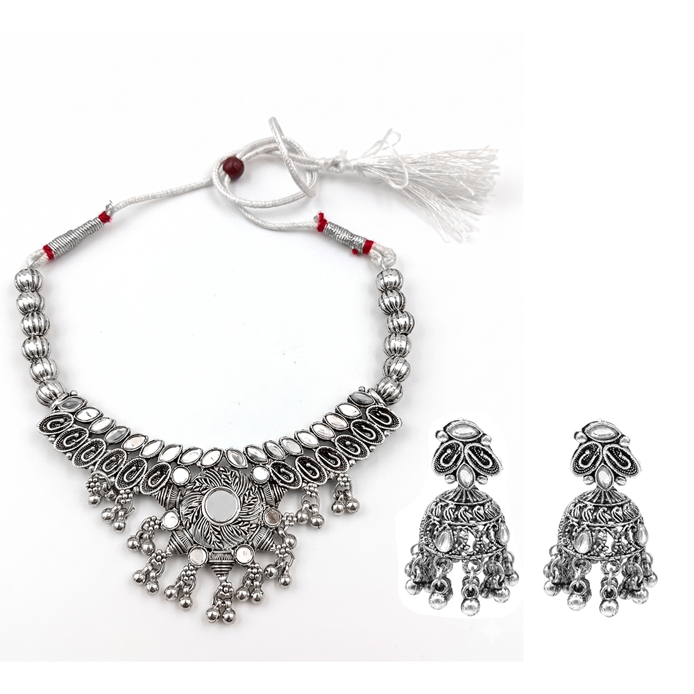 Urthn Oxidised Silver Choker Necklace Set with Mirror Work Beads & Jhumka Earrings(Pack of 3)