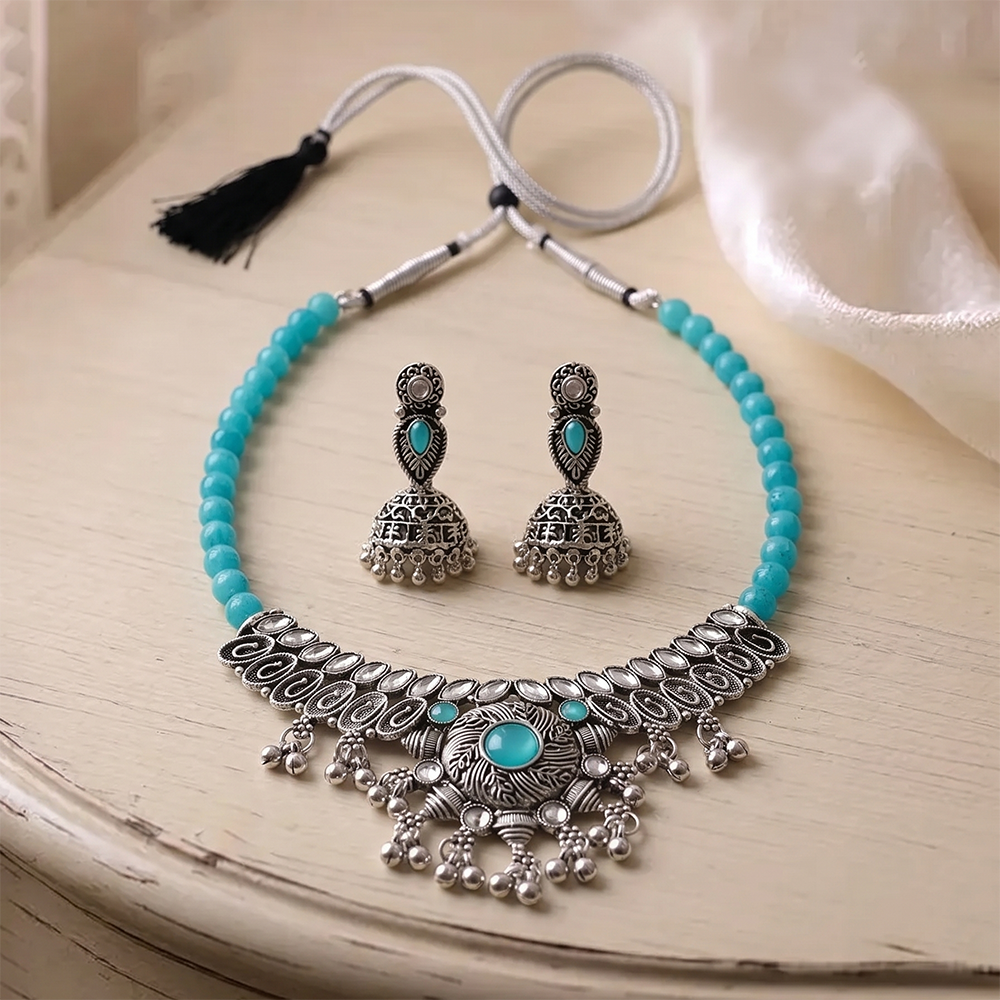 Urthn Oxidised Silver Choker Necklace Set with Light Blue Beads & Assorted Jhumka Earrings(Pack of 3)