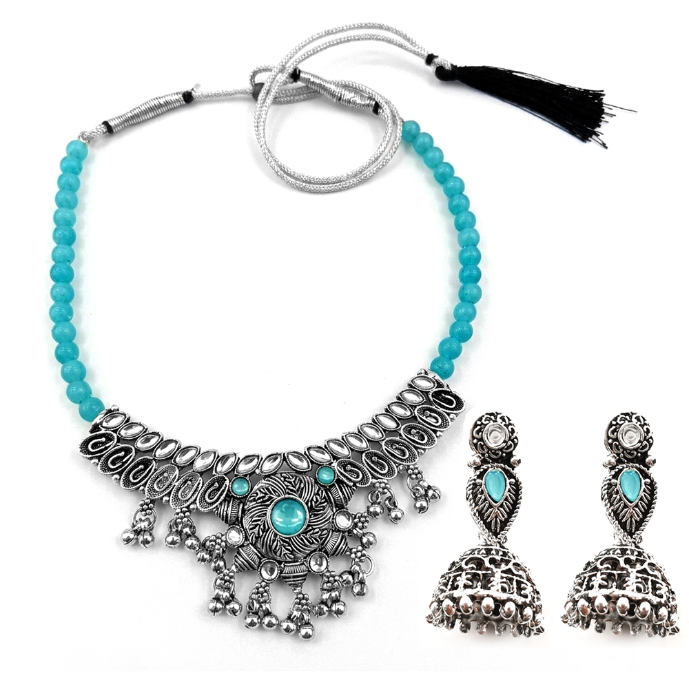 Urthn Oxidised Silver Choker Necklace Set with Light Blue Beads & Assorted Jhumka Earrings(Pack of 3)