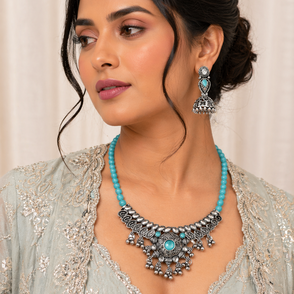 Urthn Oxidised Silver Choker Necklace Set with Light Blue Beads & Assorted Jhumka Earrings(Pack of 3)