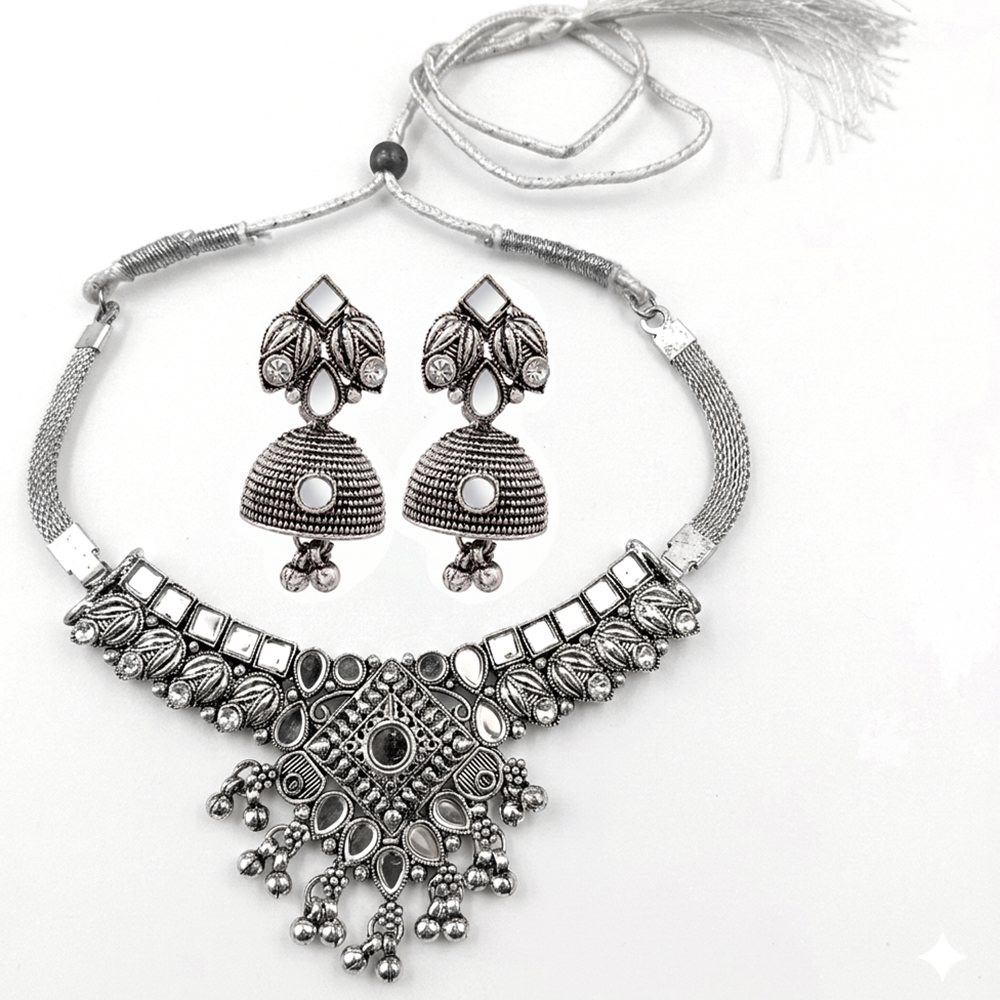 Urthn Oxidised Silver Choker Necklace Set with Mirror Work Beads & Jhumka Earrings(Pack of 3)