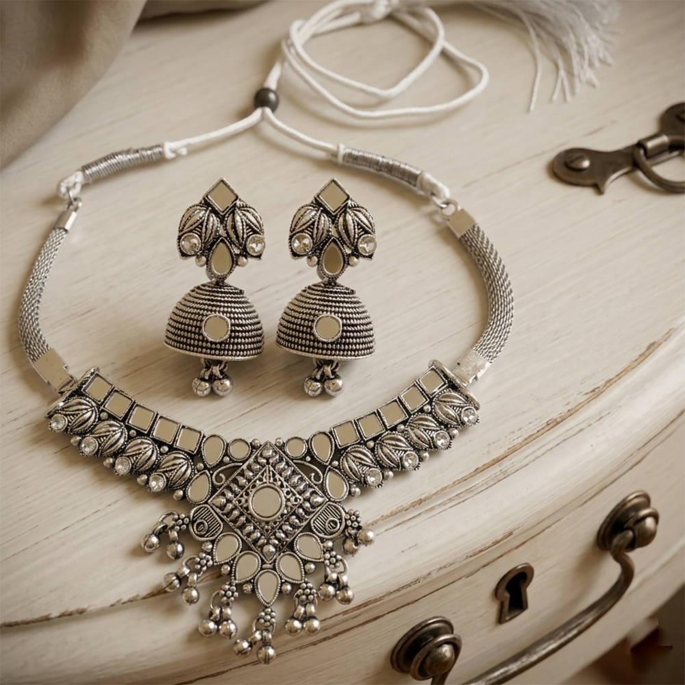 Urthn Oxidised Silver Choker Necklace Set with Mirror Work Beads & Jhumka Earrings(Pack of 3)