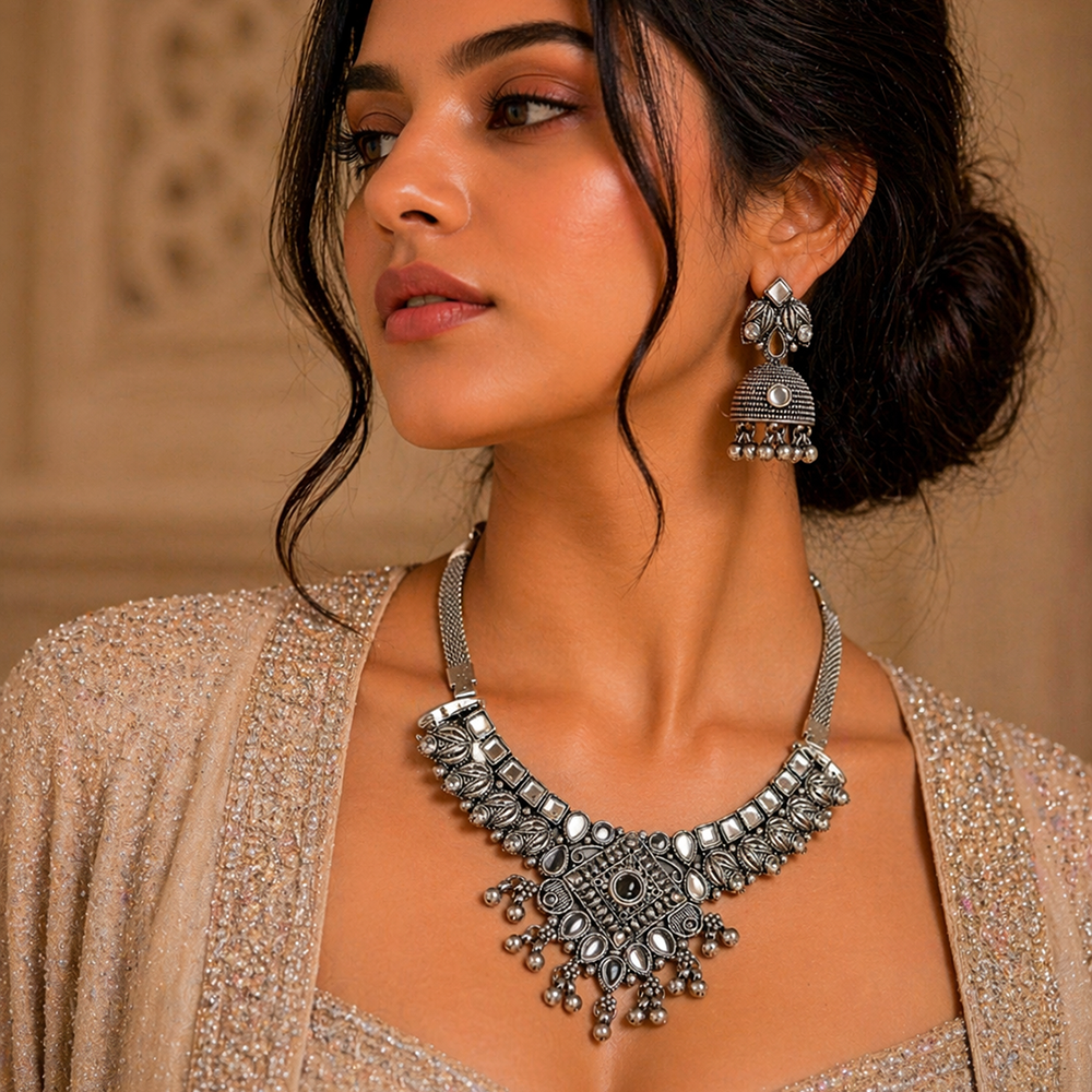 Urthn Oxidised Silver Choker Necklace Set with Mirror Work Beads & Jhumka Earrings(Pack of 3)