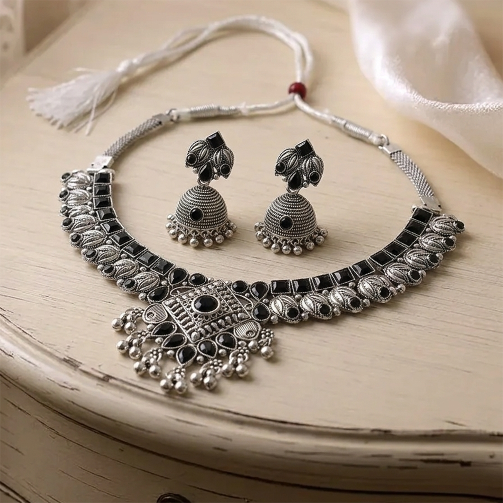 Urthn Oxidised Silver Choker Necklace Set with Black Beads & Jhumka Earrings(Pack of 3)
