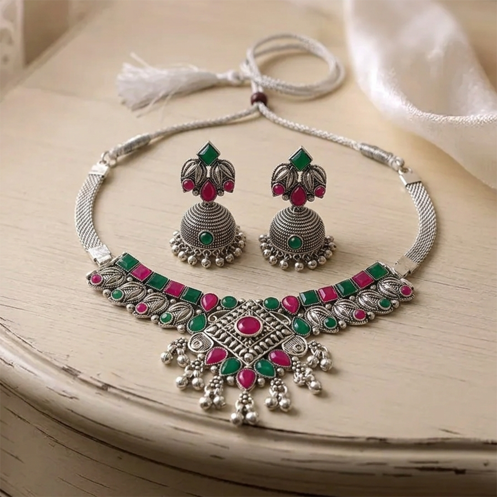 Urthn Oxidised Silver Choker Necklace Set with Pink & Green Beads & Jhumka Earrings(Pack of 3)