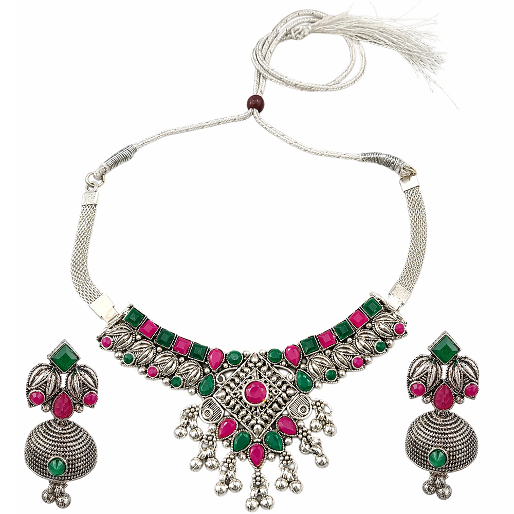 Urthn Oxidised Silver Choker Necklace Set with Pink & Green Beads & Jhumka Earrings(Pack of 3)