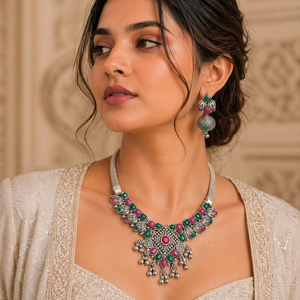 Urthn Oxidised Silver Choker Necklace Set with Pink & Green Beads & Jhumka Earrings(Pack of 3)