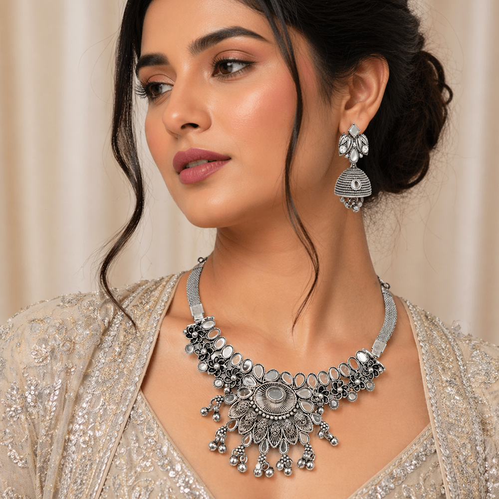 Urthn Oxidised Silver Choker Necklace Set with Mirror Work Beads & Jhumka Earrings(Pack of 3)