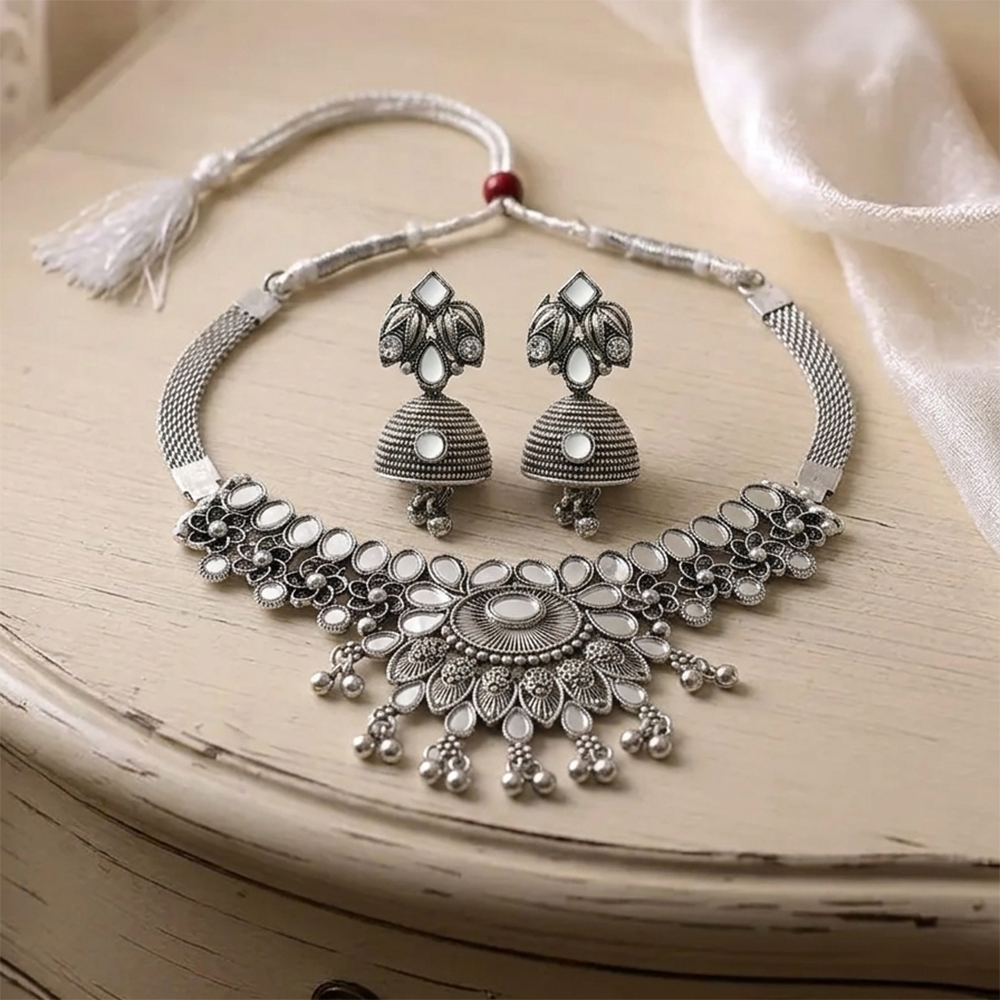 Urthn Oxidised Silver Choker Necklace Set with Mirror Work Beads & Jhumka Earrings(Pack of 3)
