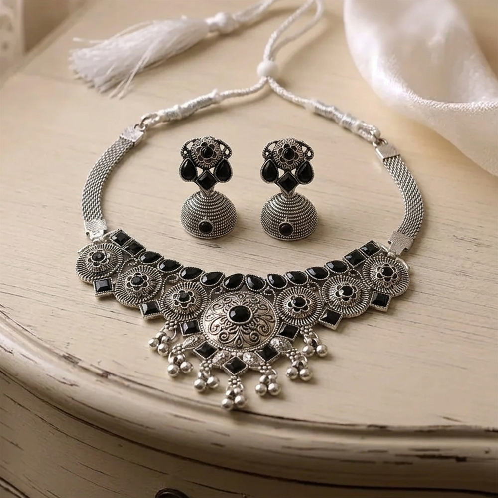 Urthn Oxidised Silver Choker Necklace Set with Black Beads & Jhumka Earrings(Pack of 3)