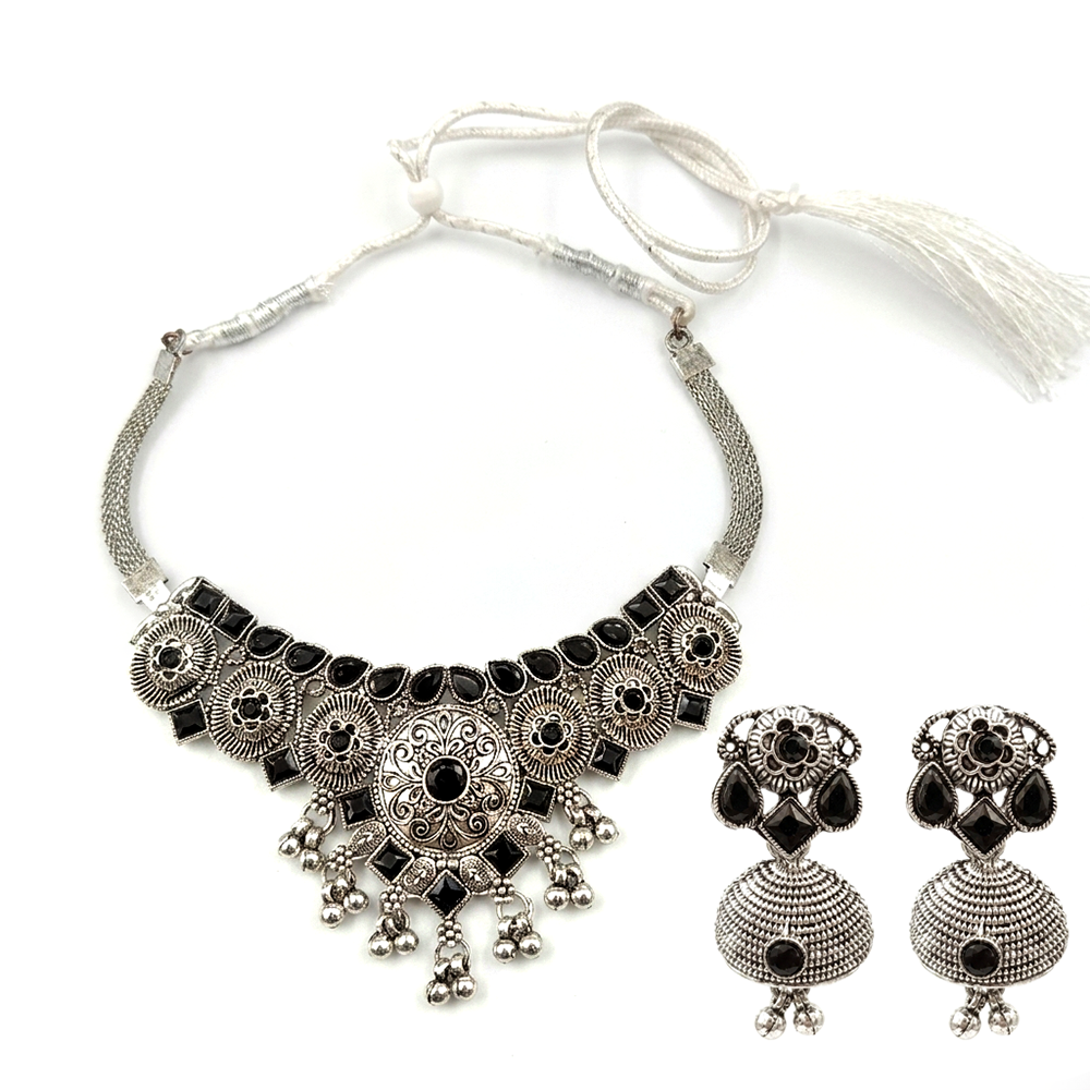 Urthn Oxidised Silver Choker Necklace Set with Black Beads & Jhumka Earrings(Pack of 3)
