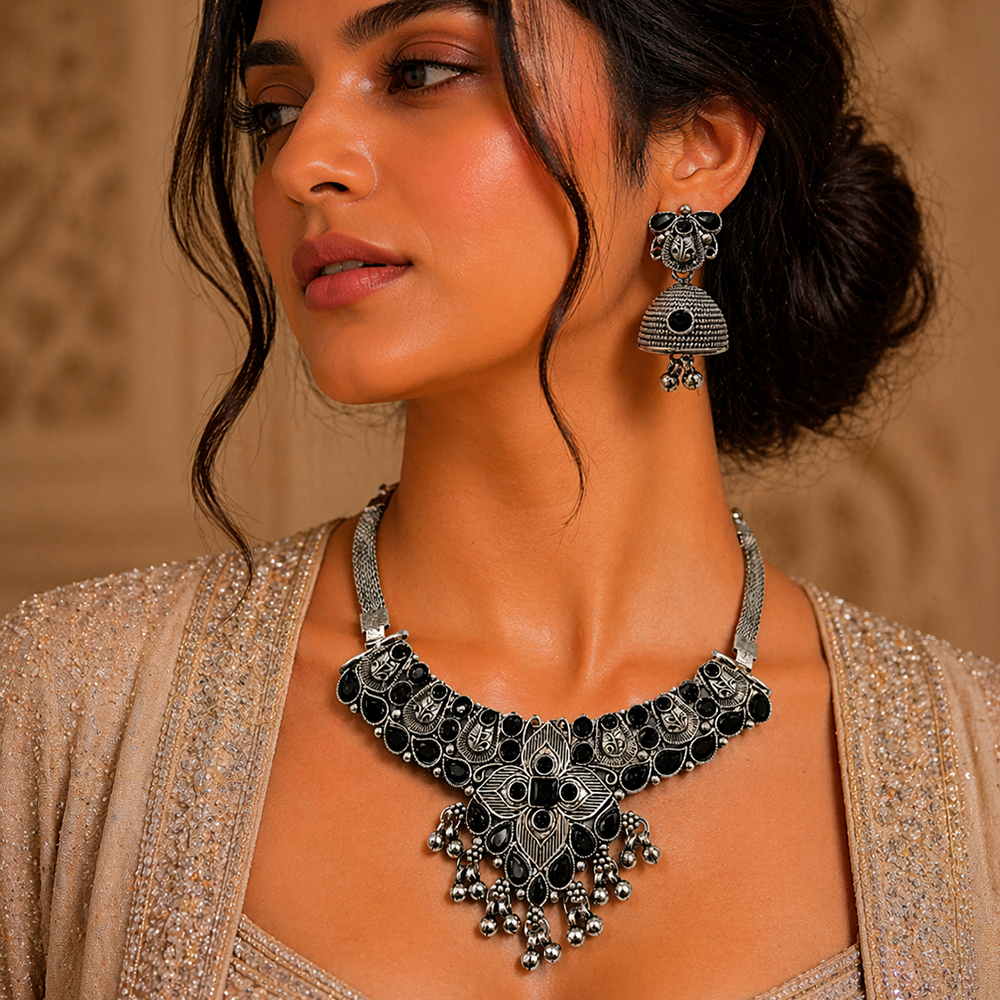 Urthn Oxidised Silver Choker Necklace Set with Black Beads & Assorted Jhumka Earrings(Pack of 3)