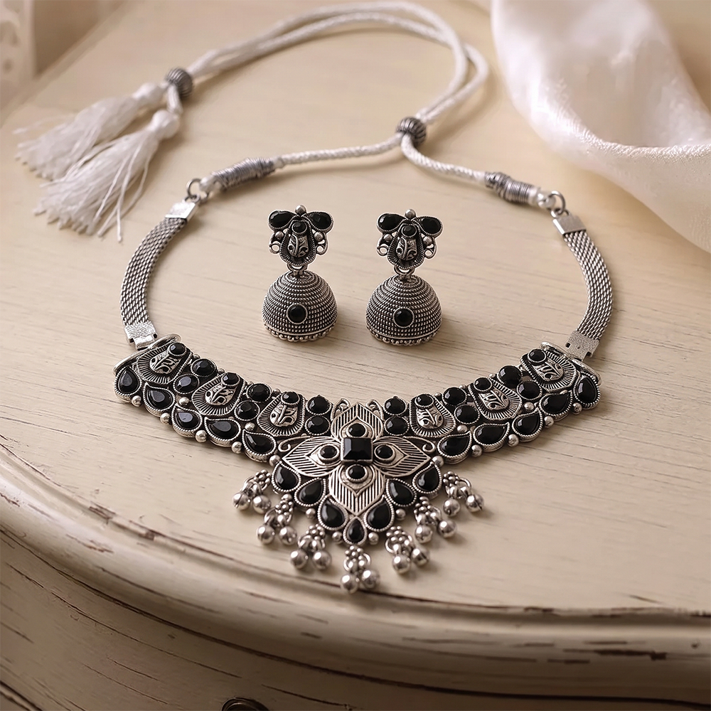 Urthn Oxidised Silver Choker Necklace Set with Black Beads & Assorted Jhumka Earrings(Pack of 3)