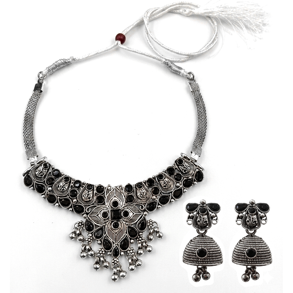 Urthn Oxidised Silver Choker Necklace Set with Black Beads & Assorted Jhumka Earrings(Pack of 3)