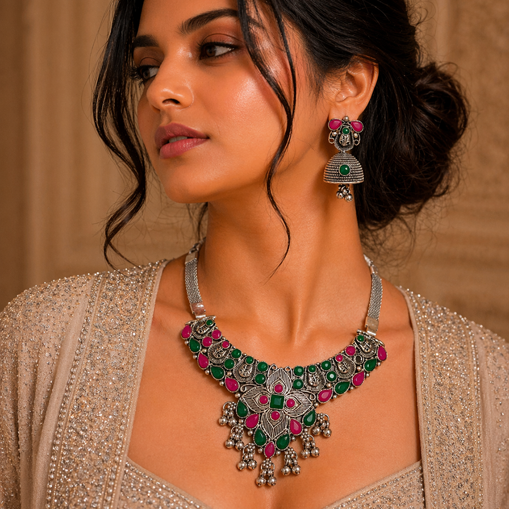 Urthn Oxidised Silver Choker Necklace Set with Pink & Green Beads & Jhumka Earrings(Pack of 3)