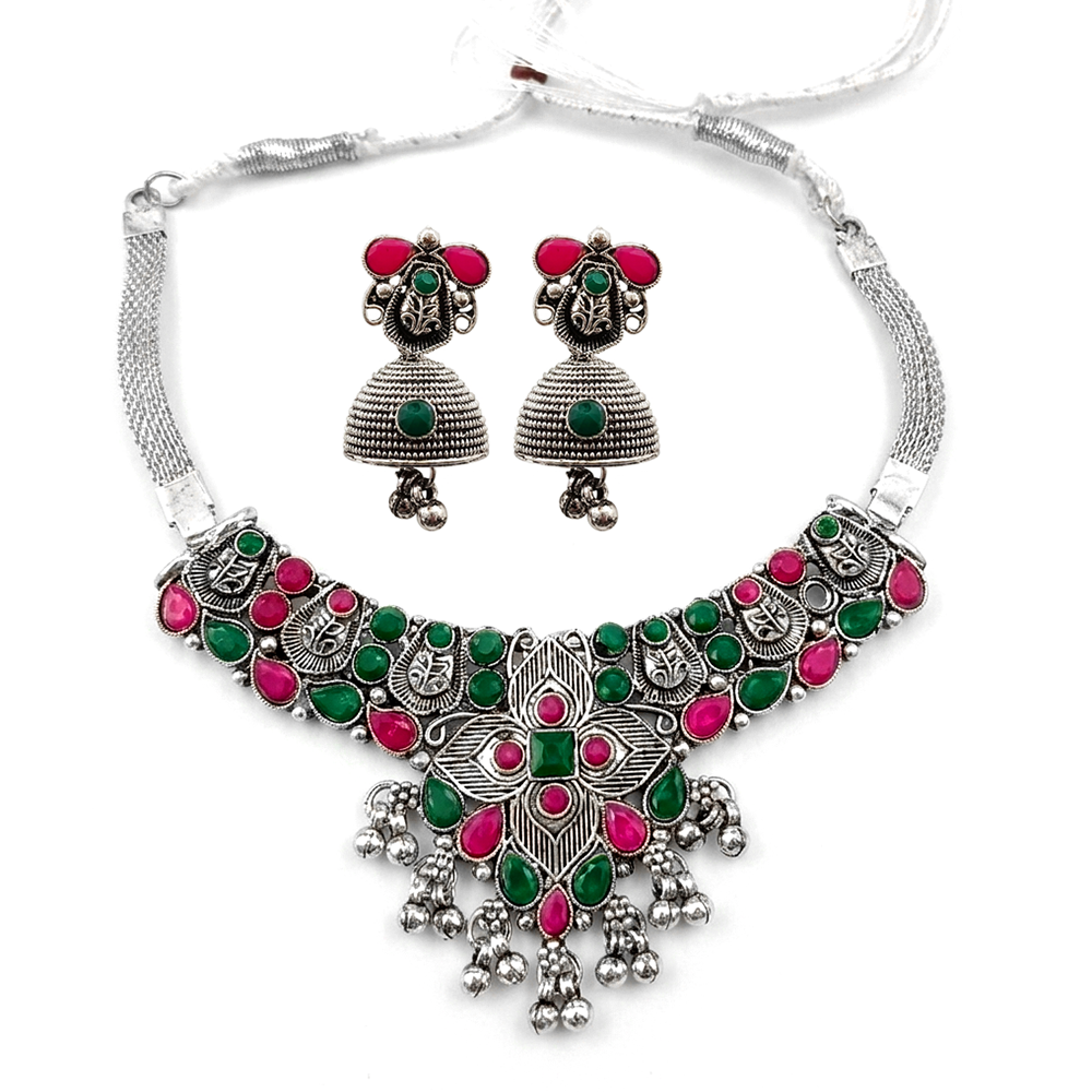 Urthn Oxidised Silver Choker Necklace Set with Pink & Green Beads & Jhumka Earrings(Pack of 3)