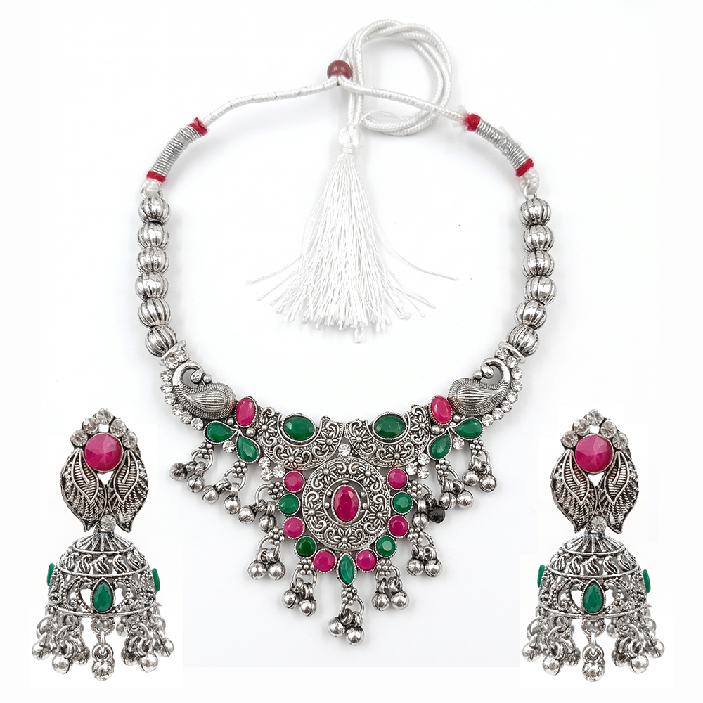 Urthn Oxidised Silver Choker Necklace Set with Pink & Green Beads & Jhumka Earrings(Pack of 3)