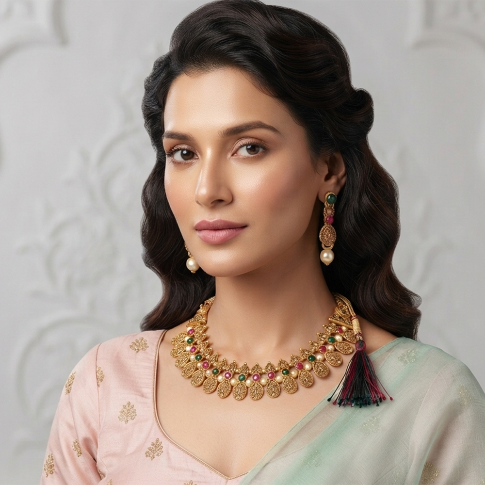 Urthn Gold Plated Pearl & Crystal Necklace Set for Women Traditional Jewellery