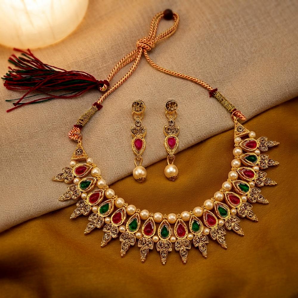 Darshana Jewels Traditional Pota Stone Austrian Stone & Pearl Necklace Set for Women
