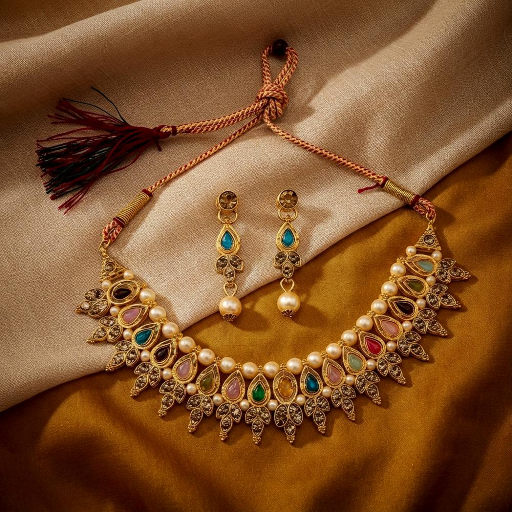 Darshana Jewels Traditional Pota Stone Austrian Stone & Pearl Necklace Set for Women