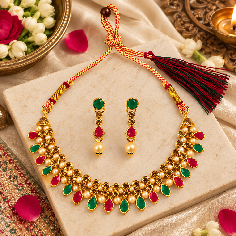 Urthn Gold Plated Pearl & Crystal Necklace Set for Women Traditional Jewellery
