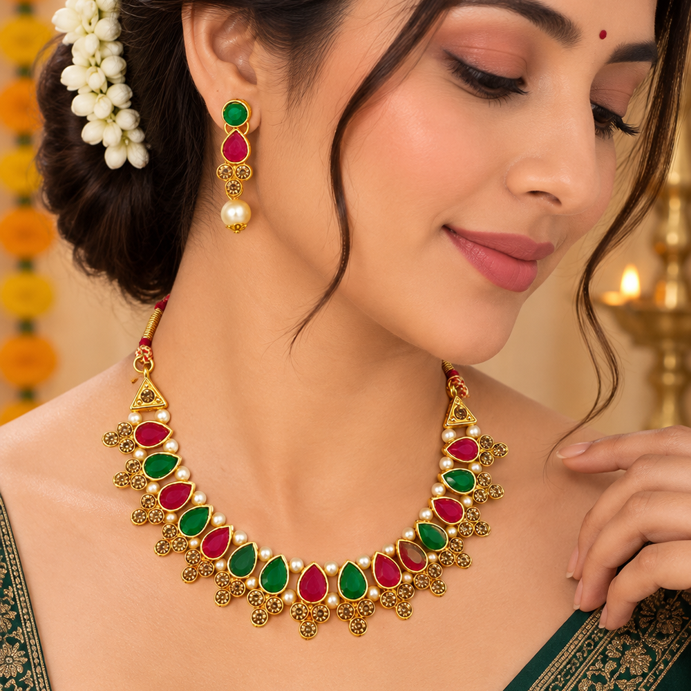 Urthn Gold Plated Pearl & Crystal Necklace Set for Women Traditional Jewellery
