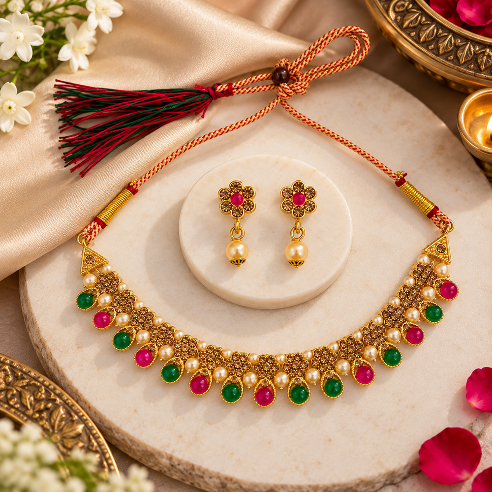 Urthn Gold Plated Pearl & Crystal Necklace Set for Women Traditional Jewellery