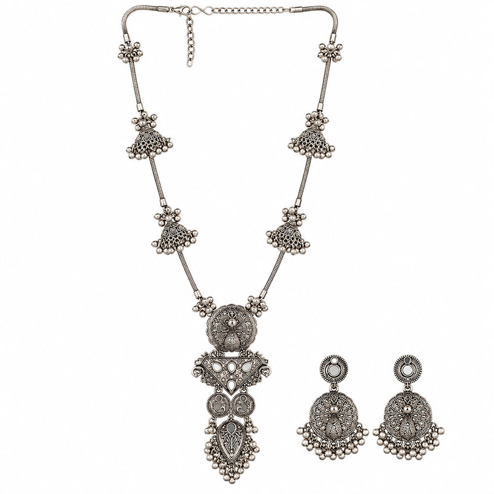 Urthn Oxidised Plated Mirror And Pearl Long Necklace Designer Jewellery Set