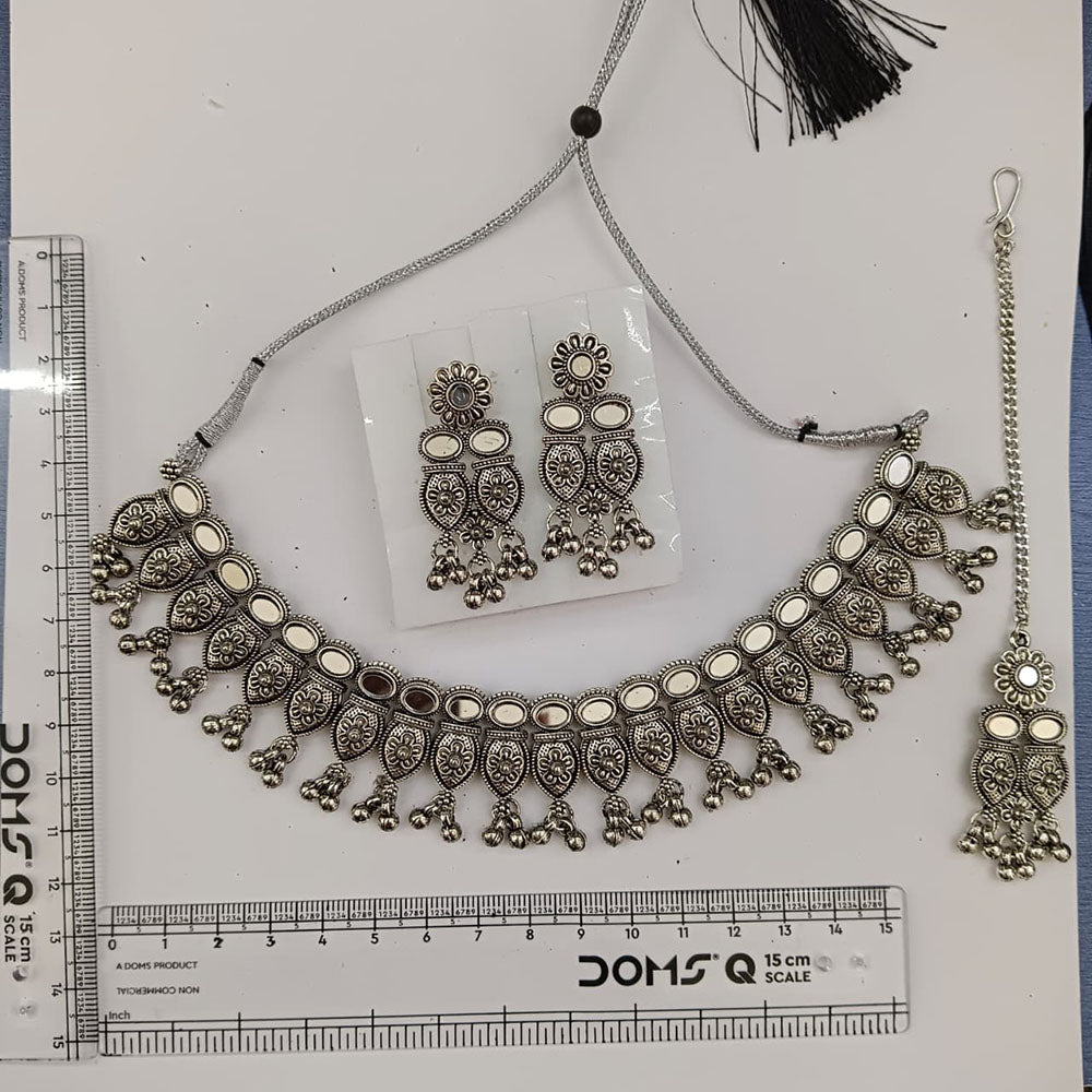 Urthn Oxidised Plated Traditional Mirror Choker Necklace Jewellery Set